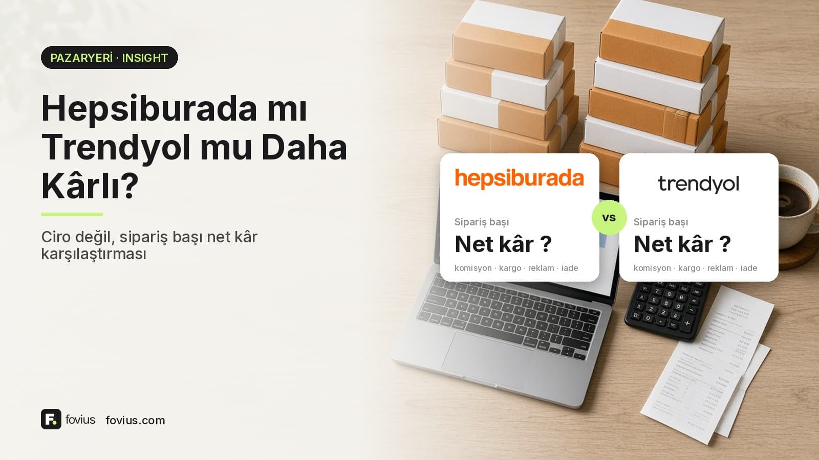 Hepsiburada ve Trendyol logolu iki karşılaştırma kartı, kargo kolileri, laptop ve hesap makinesiyle sipariş başı net kâr kapağı